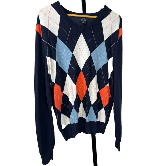 Brooks Brothers 346 Cotton Cashmere V-Neck Sweater Large Navy Argyle Preppy Golf - Picture 2 of 4